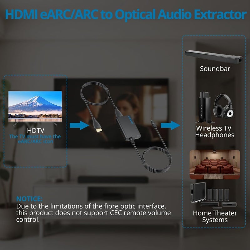 AUTOUTLET محول HDMI eARC إلى صوت بصري - محول eARC/ARC إلى بصري للتلفزيونات، ومكبرات الصوت، وأنظمة المسرح المنزلي، وأنظمة الصوت، يدعم معدل عينة 192KHz، Dolby 5.1 و DTS 5.1 - Image 4